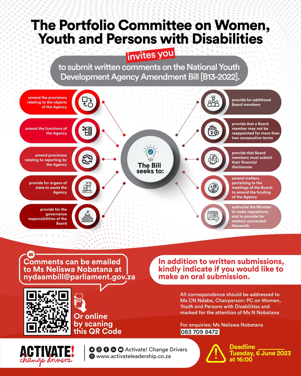 ActivateZA's tweet image. 📢  Call to participate in democratic processes: Eita activator,  The Portfolio Committee on Women, Youth, and Persons with Disabilities invites you to submit written comments on the National Youth Development Agency Amendment Bill [B13-2022]. 

#WeAREvoting
#ThisFreedom
#stage1