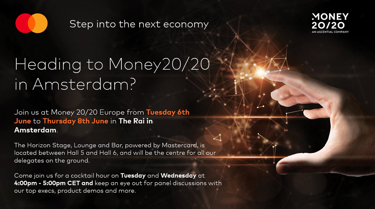 MastercardEU's tweet photo. Heading to @money2020 in Amsterdam? Join us from Tuesday 6th June to Thursday 8th June in The Rai in Amsterdam. Our Horizon Stage, Lounge and Bar will be located between Hall 5 and Hall 6, and will be the centre for all our delegates.
#Money2020EU #StepIntoTheNextEconomy https://t.co/u8AX6K0xLG
