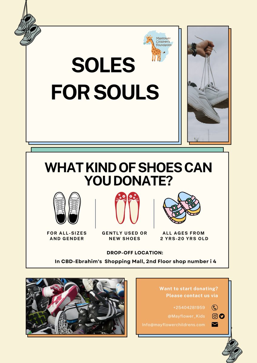 Be a shoe Hero 🥳

We welcome all to join us on this exciting shoe drive as we aim to share love by donating a pair of shoes to those in need.

Let's come together for 'Soles for Souls'

#Mayflower_Kids #Kenya #solesforsouls #charity #Donation #KIICO2023