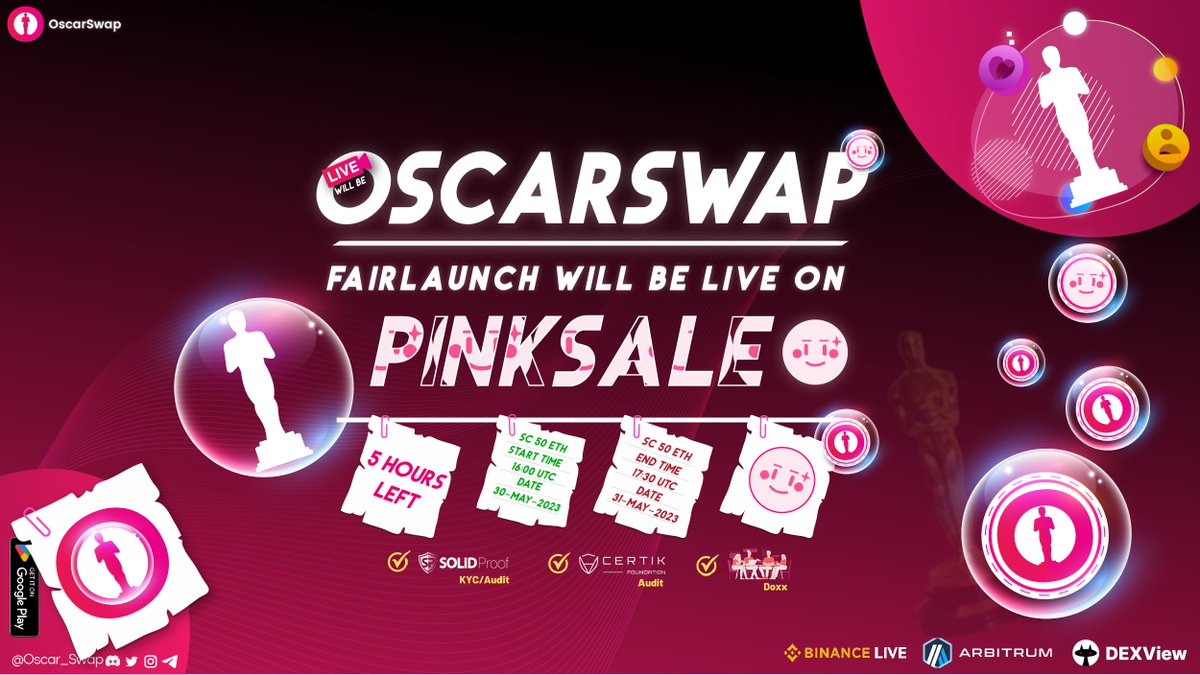 ⚡️<a href="/Oscar_swap/">OscarSwap.Com ⚡️ Multichain Automated Liq & Farms</a> Sale is live on <a href="/pinkecosystem/">PinkSale (Pink Ecosystem)</a>

🎵Enjoy the Oscarswap Beat!!

⏰Start 30/05/2023 - 16:00 (UTC)
⏰Ends 31/05/2023 - 17:30 (UTC)

👉Join Fairlaunch on Pinksale: pinksale.finance/launchpad/0xd3…

🛡️Audit: Certik/SolidProof
✅KYC: Pinksale
✅Team: Doxxed

🏆DEX Live
💰Low Trx