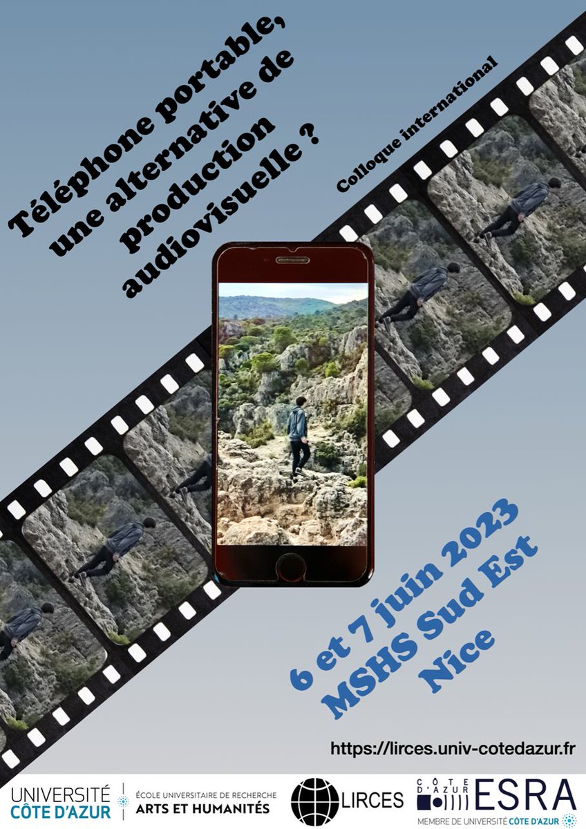 [COLLOQUE INTERNATIONAL]

" Téléphone portable, une alternative de production audiovisuelle ? "

🗓 Du 6 au 7 juin 2023
📍 À la MSHS Sud-Est, en salle 031

💡Retrouvez le programme sur : creates.univ-cotedazur.fr/actualites/col…

<a href="/Univ_CotedAzur/">Université Côte d'Azur</a> <a href="/GROUPEESRA/">ESRA Officiel</a> <a href="/LIRCES_/">LIRCES</a> @MSHSSudEst