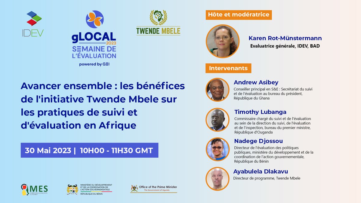 evaluationafdb's tweet photo. C'est maintenant!
#gLOCAL2023
Avancer ensemble : les bénéfices de l'initiative Twende Mbele sur les pratiques de suivi et d'évaluation en Afrique
10h00 GMT
Connectez-vous ici: https://t.co/GOuq4gQggq https://t.co/Y715PnHmZc