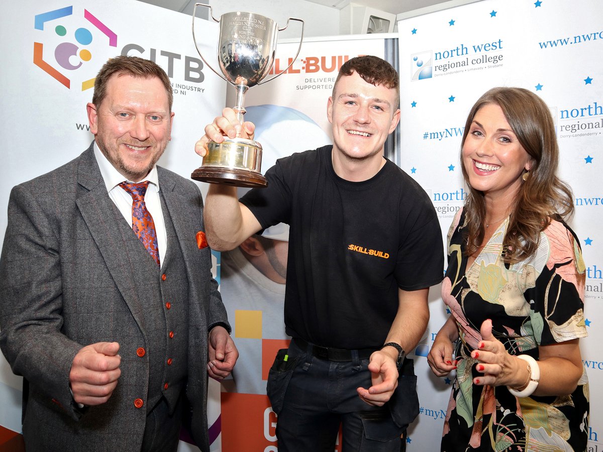 Congratulations to Conor Dallas from Northern Regional College who won the Overall Apprentice of the Year award at this year's SkillBuild NI Finals held at NWRC,Limavady. Pictured with Conor are Barry Neilson (Chief Exec. @citbni) and Sarah Travers @TraversSarah (Host & MC)