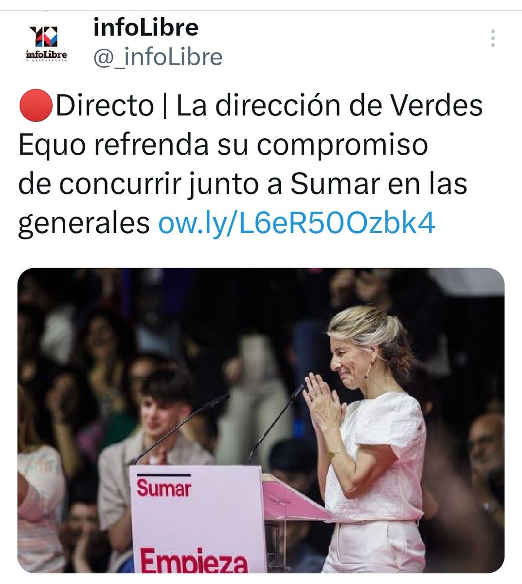 La Ejecutiva federal de Verdes Equo ha refrendado su compromiso de confluir a las elecciones del #23deJulio con Sumar, para conformar un bloque de izquierdas y verde que a su vez permita un Gobierno progresista y verde en España🌻
infolibre.es/politica/direc…