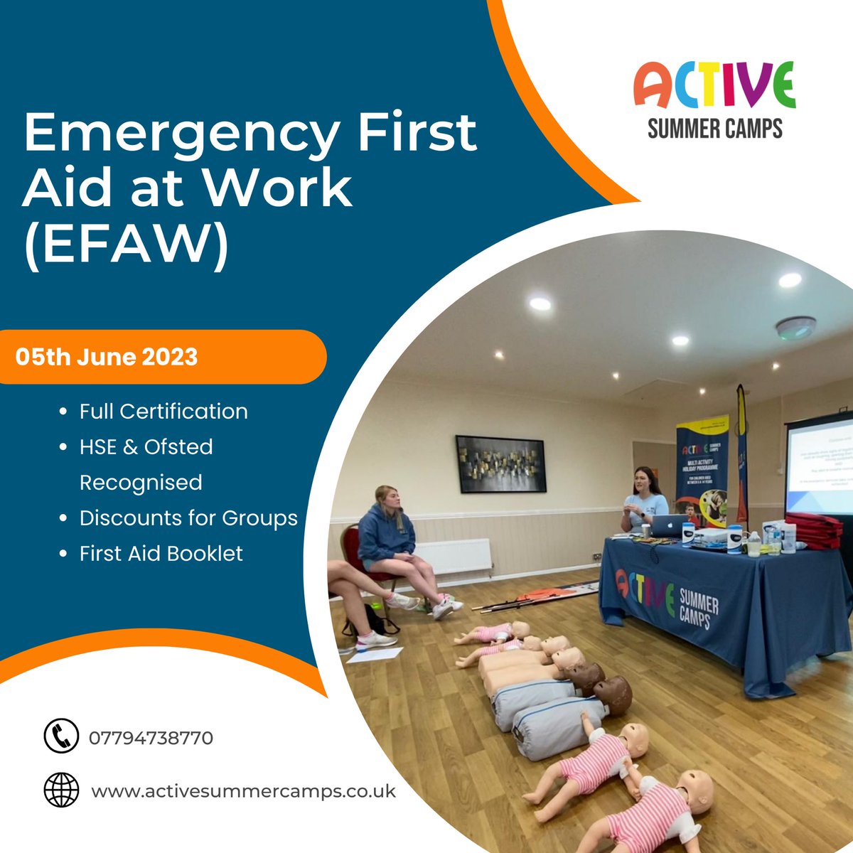 We have a couple of spaces available on our next course;
Level 3 Emergency First Aid at work - 05th June 2023
Have a look at our upcoming courses; 
activesummercamps.co.uk/firstaidtraini…
#firstaidtraining #firstaidcourse #sheffieldbusiness #rotherhambusinesses #sheffieldissuper #barnsleyisbrill