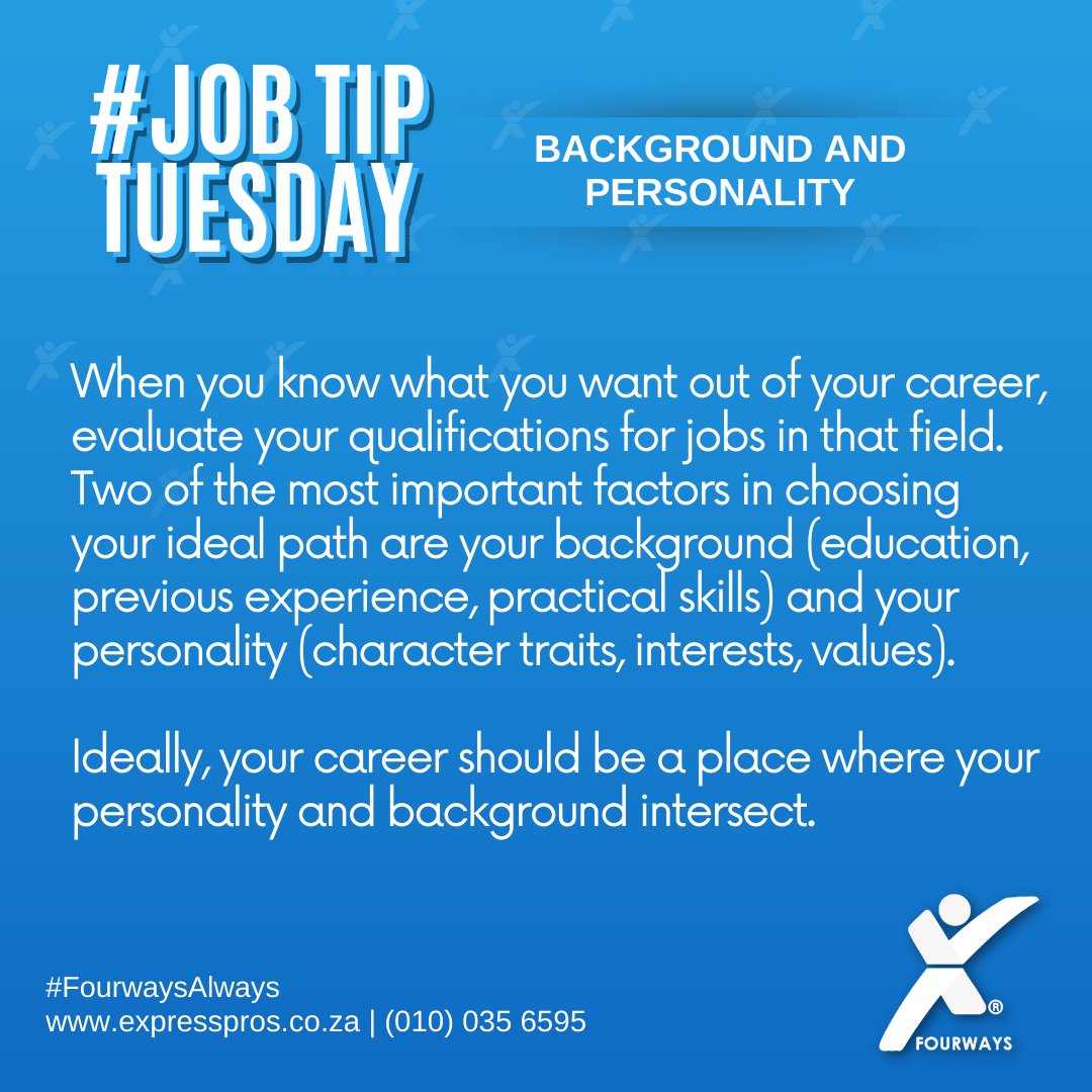 EFourways's tweet image. #JOBTIPTUESDAY

Assess Your Background And Personality. 

#JobTip #jobseekers #jobsearch #recruitment #jobsearching #jobhunt #employment #jobopportunity #recruitmentagency #staffingagency #ExpressProsFourways #FourwaysAlways
#StaffingExperts #PuttingAMillionPeopleToWork