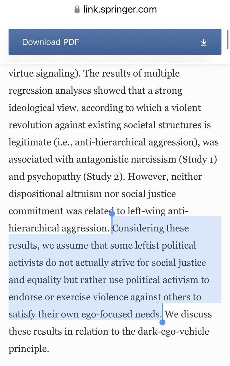 This will be unsurprising to those who follow my reporting on #Antifa, #Trantifa, #BLM, SJWs, but a new peer reviewed study published in Current Psychology found that leftist extremism is a predictor of violent, psychopathic tendencies and narcissism. link.springer.com/article/10.100…