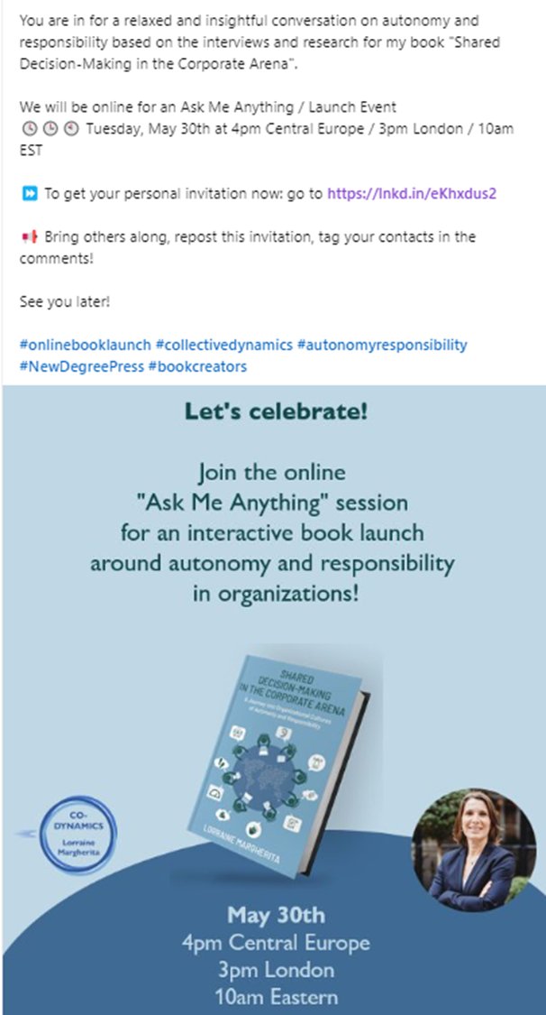 CoDynamics_Lorn's tweet image. ⏱️ Catching up after Memorial Day or Lundi de Pentecote ?!
🎁 Hurry to confirm your invitation for today!

#onlinebooklaunch #collectivedynamics #autonomyresponsibility #NewDegreePress #bookcreators