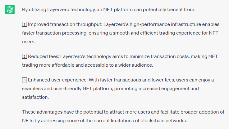 web3mintgle's tweet photo. ChatGPT is taking a peek into the #NFT Platform powered by @LayerZero_Labs 

What do you think about this?

#LayerZero #omnichain #Web3 #chatgpt https://t.co/VKXVCoh5nC