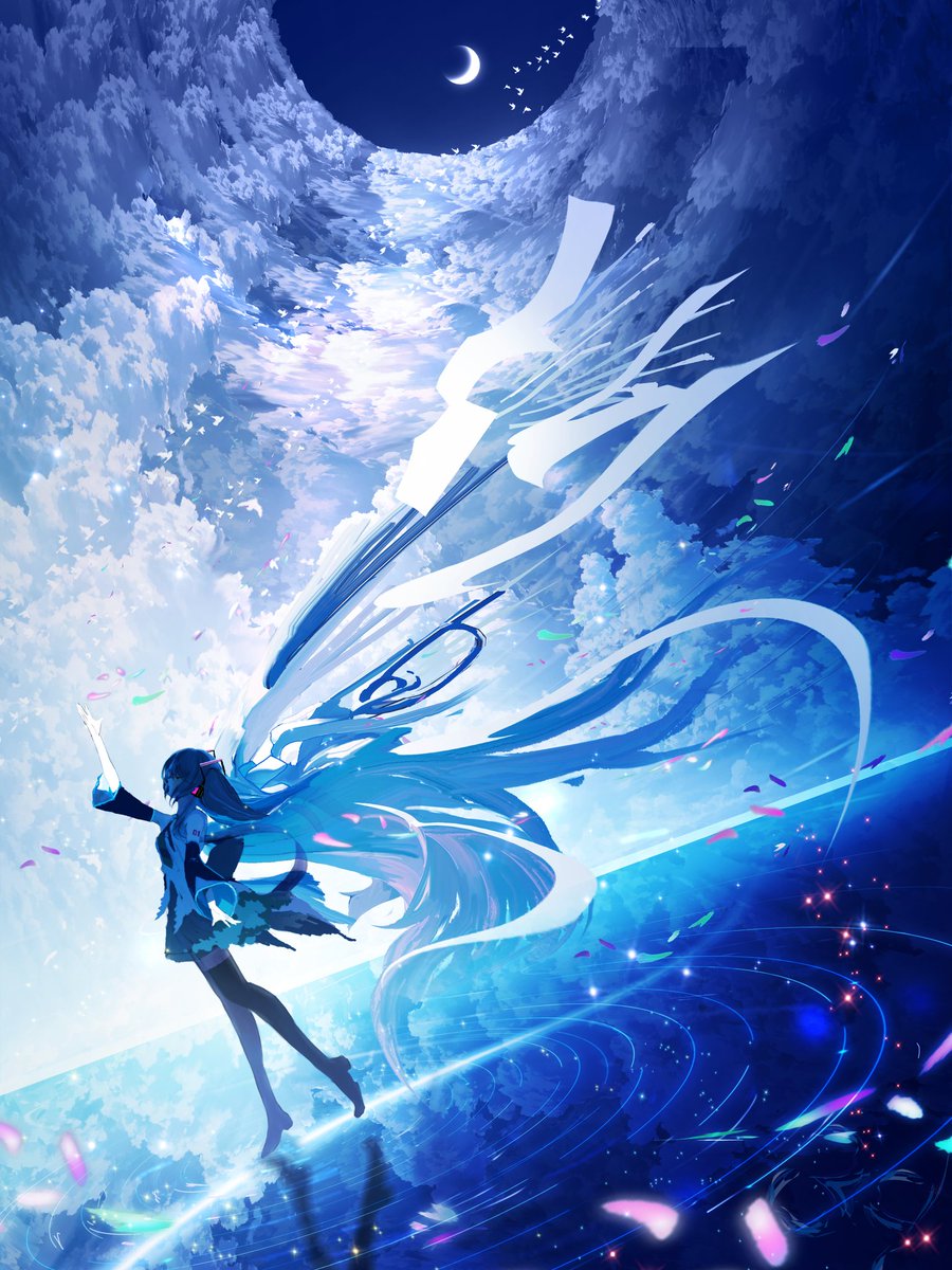 hatsune miku 1girl long hair solo very long hair skirt moon thighhighs  illustration images