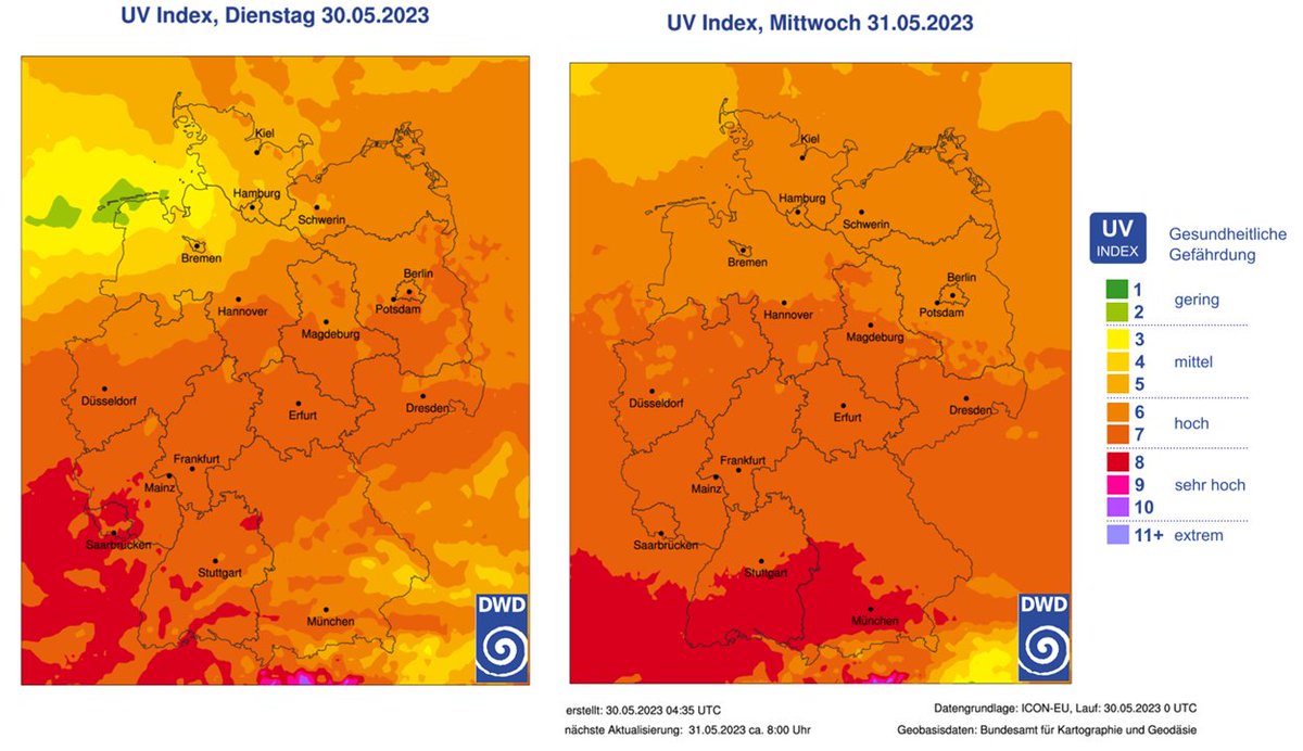 DWD_presse's tweet image. Das sonnige #Wetter hat seine Schattenseite: Es besteht hohe #Sonnenbrandgefahr! Die kräftige Maisonne lässt den #UVIndex verbreitet auf Werte von 6 bis 8 ansteigen. Das entspricht einer hohen bis sehr hohen Gefährdung. Achten Sie deswegen immer auf ausreichend Sonnenschutz! /V