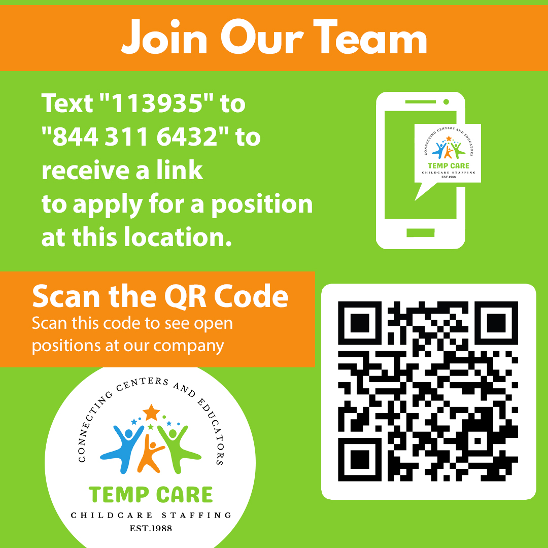 Text '113935' to '844 311 6432' to receive a link to apply for a position at this location or scan the QR code to see open positions at our company.

#Children #ChildCareIndustry #ChildhoodUnplugged #ElemSchool #HigherEd #Career #SelfEducate #ChildDevelopment #JobSearching