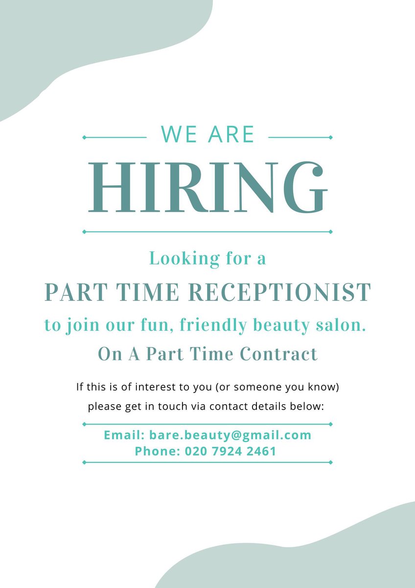 Hey all! We’re looking for a part time receptionist to join our fun, friendly beauty salon. 

Email: bare.beauty@gmail.com
Phone: 020 7924 2461

#jobsearch #jobsearch #jobhiring #receptionistwanted #beautytherapistwanted #hiring #clapham #claphamjobs #wandsworth #wandsworthjobs