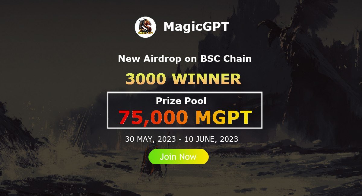 New #airdrop: MagicGPT (Last Round) 
Reward: 20 MGPT (~$10)
News: CoinSult, Coinmarketcap
Distribution time: June 13th

🔗Airdrop Link: t.me/MagicGPTLastAi…

Coinmarketcap: coinmarketcap.com/currencies/mag…
