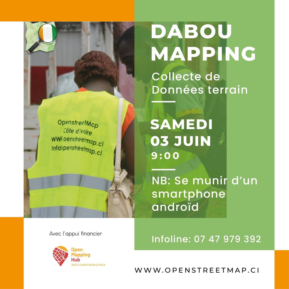 🌍 La communauté @OSMCI est fier de vous annoncer une initiative passionnante dans le cadre du programme MWALAI ! En partenariat avec Open Mapping Hub - West Africa(#WNAH), nous organisons une collecte de données sur le terrain dans la belle ville de Dabou. #mwalaigrant #osm