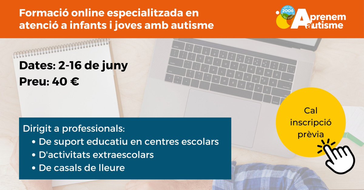 🎓NOVES DATES I PERÍODE D'INSCRIPCIÓ per la formació "Estratègies d'acompanyament a persones amb autisme"

🗓️2-16 de juny
📍Online
💰 Cost: 40€

Es facilitaran nocions bàsiques per entendre millor l'autisme, i així podem oferir una atenció adaptada
👉 mailchi.mp/4849be5901bf/c…