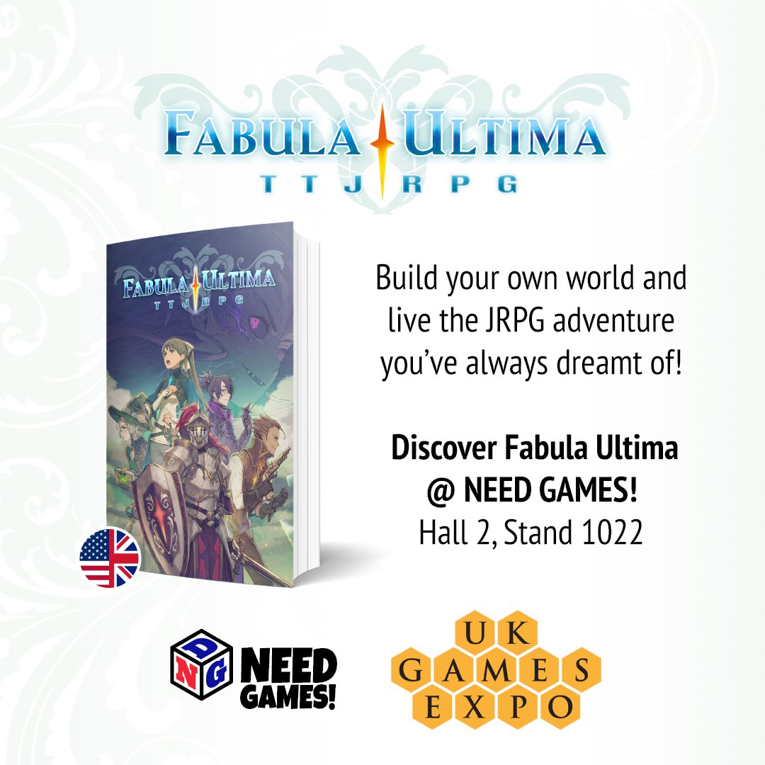 NeedGamesRPG's tweet photo. We'll be at @UKGamesExpo 2023 from 2-4 June in Birmingham! Who's going?
We'll be there with #FabulaUltima Core Rulebook and Press Start! Find us at Hall 2-Stand 1022!
#needgames #ukge https://t.co/lLtBRGBwrJ