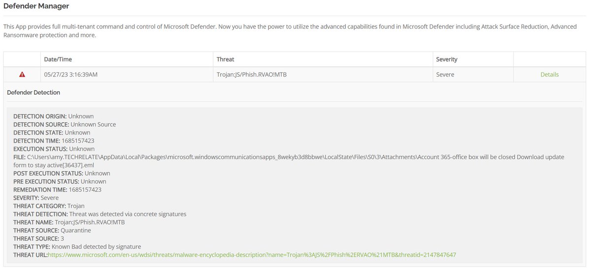 Techrelate's tweet image. The proof is in the pudding...Our #RocketCyber product doing what it is supposed to do on our MDs computer. Detecting and quarantining a #malicious file delivered by #email

Find out how RocketCyber can protect you and your #business by getting in touch today!