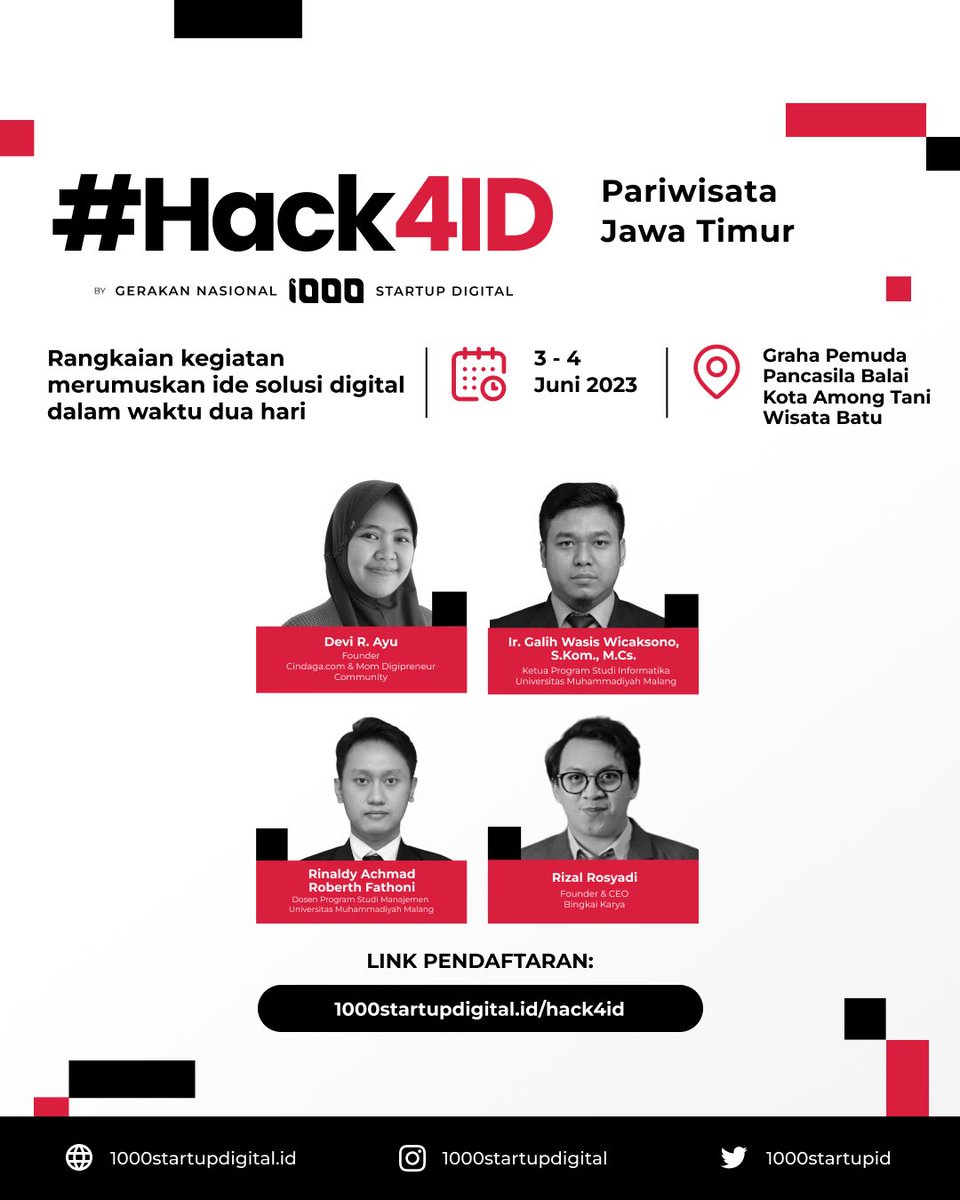 1000startupID's tweet image. Hai, Jawa Timur!  👋🏽

Rangkaian #1000StartupDigital, Hack4ID akan hadir untuk membantumu merumuskan ide solusi digital yang tepat guna. Selama 2 hari, kamu akan dibina oleh pelaku industri &amp;amp; mentor.