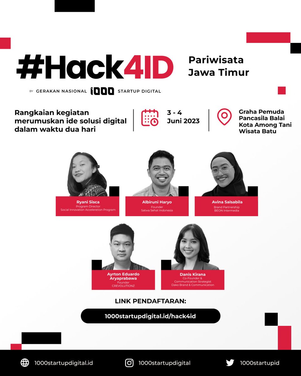 1000startupID's tweet image. Hai, Jawa Timur!  👋🏽

Rangkaian #1000StartupDigital, Hack4ID akan hadir untuk membantumu merumuskan ide solusi digital yang tepat guna. Selama 2 hari, kamu akan dibina oleh pelaku industri &amp;amp; mentor.