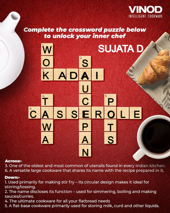 mysterioussu's tweet image. ACROSS :  
3) KADAI
6) CASSEROLE
DOWN :  
1)WOK
2)SAUCEPAN
4) TAWA
5)POTS
#vinodintelligentcookware #cookhealthycookjaldi #makemagichappen
@Vinod_Cookware 

@Aishwarya_NK 
@SnehaK26419197 
@NikitaBobade3 
@pavangaulkar14 
@Jayant9027 
@yashgandhi66 
@akashkoli92