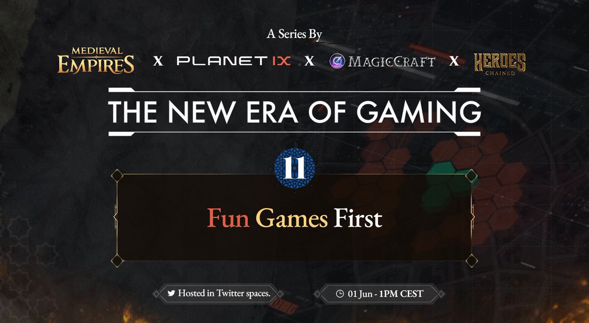 MedievalEmpires's tweet image. 🍿Tune into the New Era of Gaming Series #11 w/
@Planetix0,@MedievalEmpires,@MagicCraftGame, @HeroesChained and guests.
Topic: "Fun Games First" in #blockchaingaming.  
Time: 01 JUN, 1 PM CEST
Set your reminder: