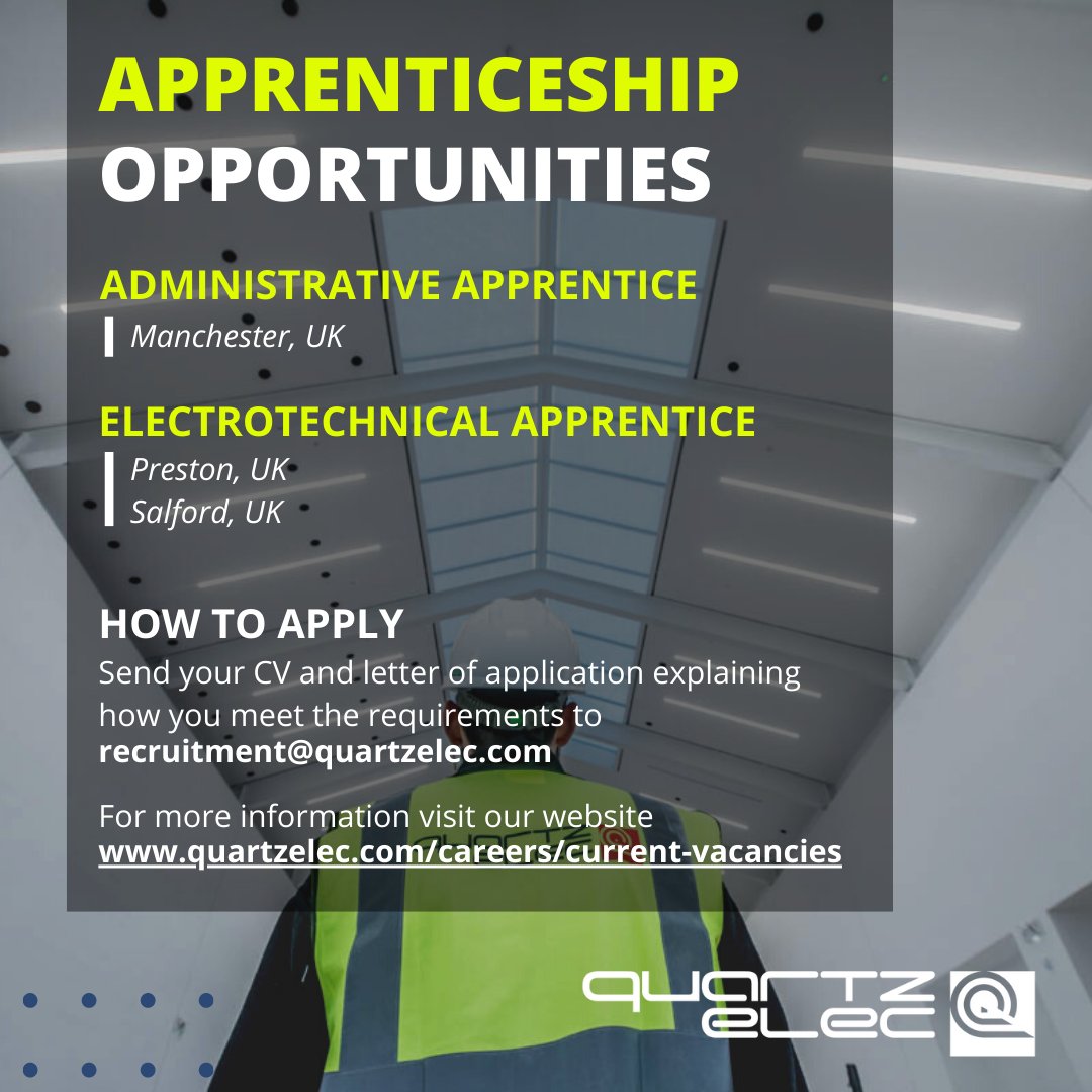 APPRENTICESHIP OPPORTUNITIES AVAILABLE!

Click on the link below for more info:
bit.ly/2VizVBQ

#SkillsForLife #BuildYourFuture #ApprenticeshipsinPreston #ApprenticeshipsinSalford #ApprenticeshipsinManchester #AdminApprenticeships #QuartzelecPeople