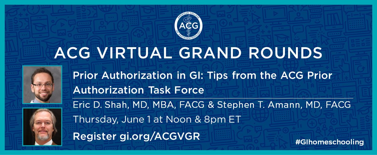 AmCollegeGastro's tweet image. Join ACG for the next Virtual Grand Rounds—
Dr. Eric Shah &amp;amp; Dr. Stephen Amann on Prior Authorization in GI: Tips from the ACG Prior Authorization Task Force

Thursday, June 1 at Noon &amp;amp; 8pm ET
➡️Register: gi.org/ACGVGR

#FixPriorAuth @DanielPambianco @DaynaEarly