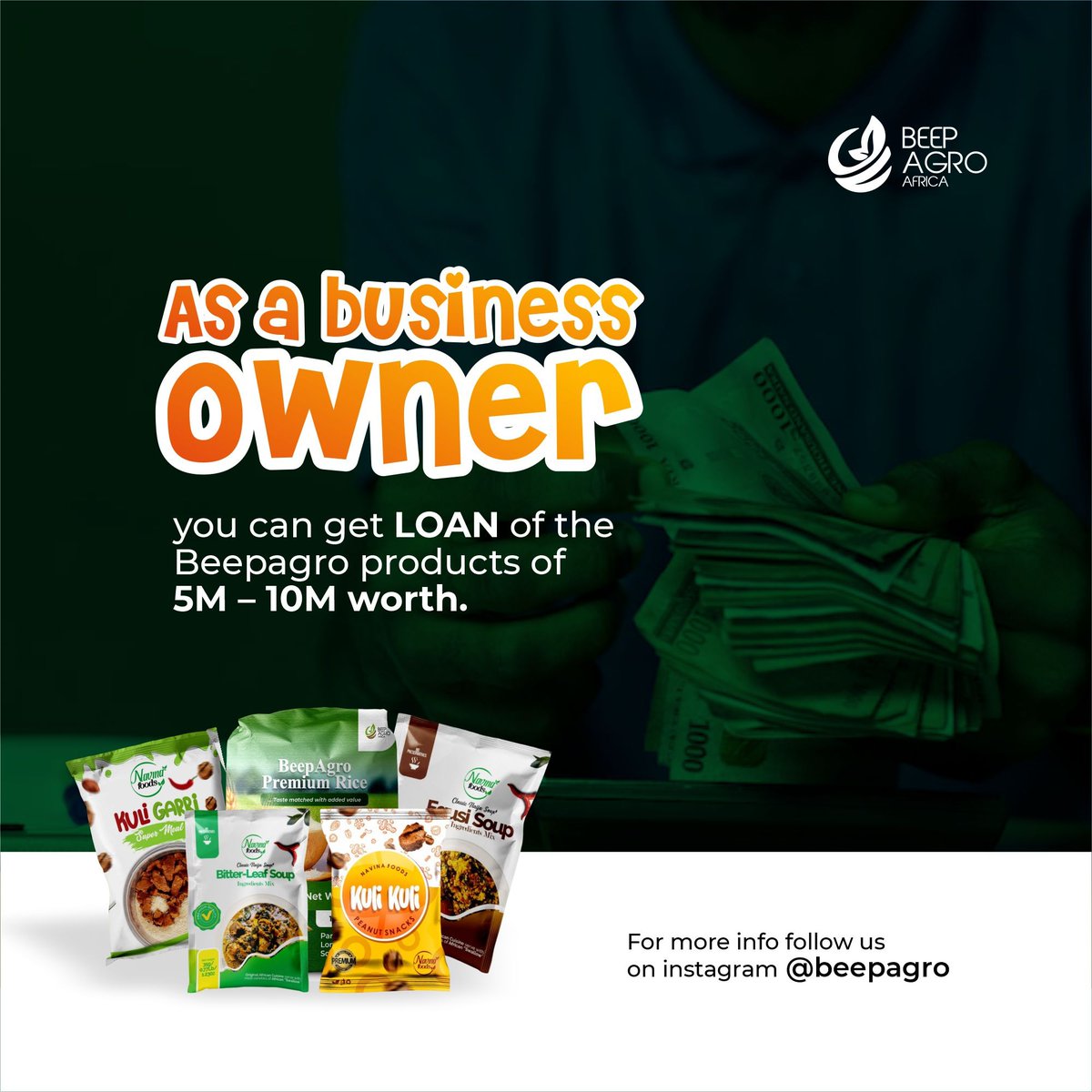Congratulations to all business owners.🎉
You can get access to product Loan worth of 5m to 10m Naira provided you merit the requirements.👍

Visit: beepagro.com to register.
For more info. call: +2347067108437

Join our whatsapp group:  chat.whatsapp.com/J4vkLXaI7Om9iQ…