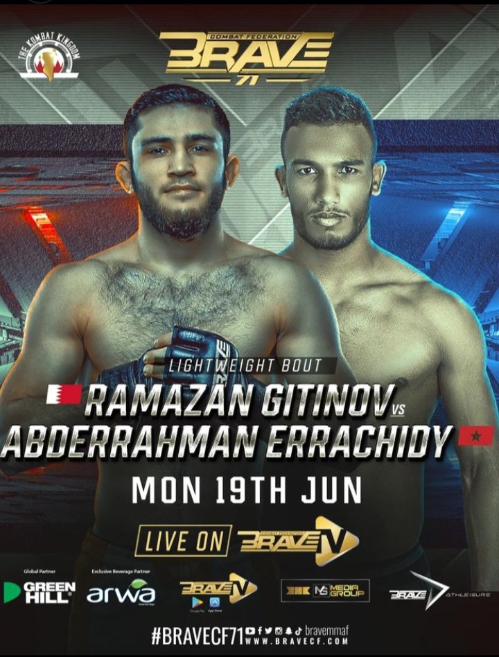 valerialang1809's tweet image. Ramazan Gitinov's BRAVE CF debut.  🔜
The most decorated fighter in amateur MMA makes his promotional debut against Abderrahman Errachidy of Morocco. 
STAY TUNED! DONT MISS THE ACTION
19 June 2023 | 📍 Bahrain 

#KOMBATKINGDOM #MMAWORLD #BRAVECF