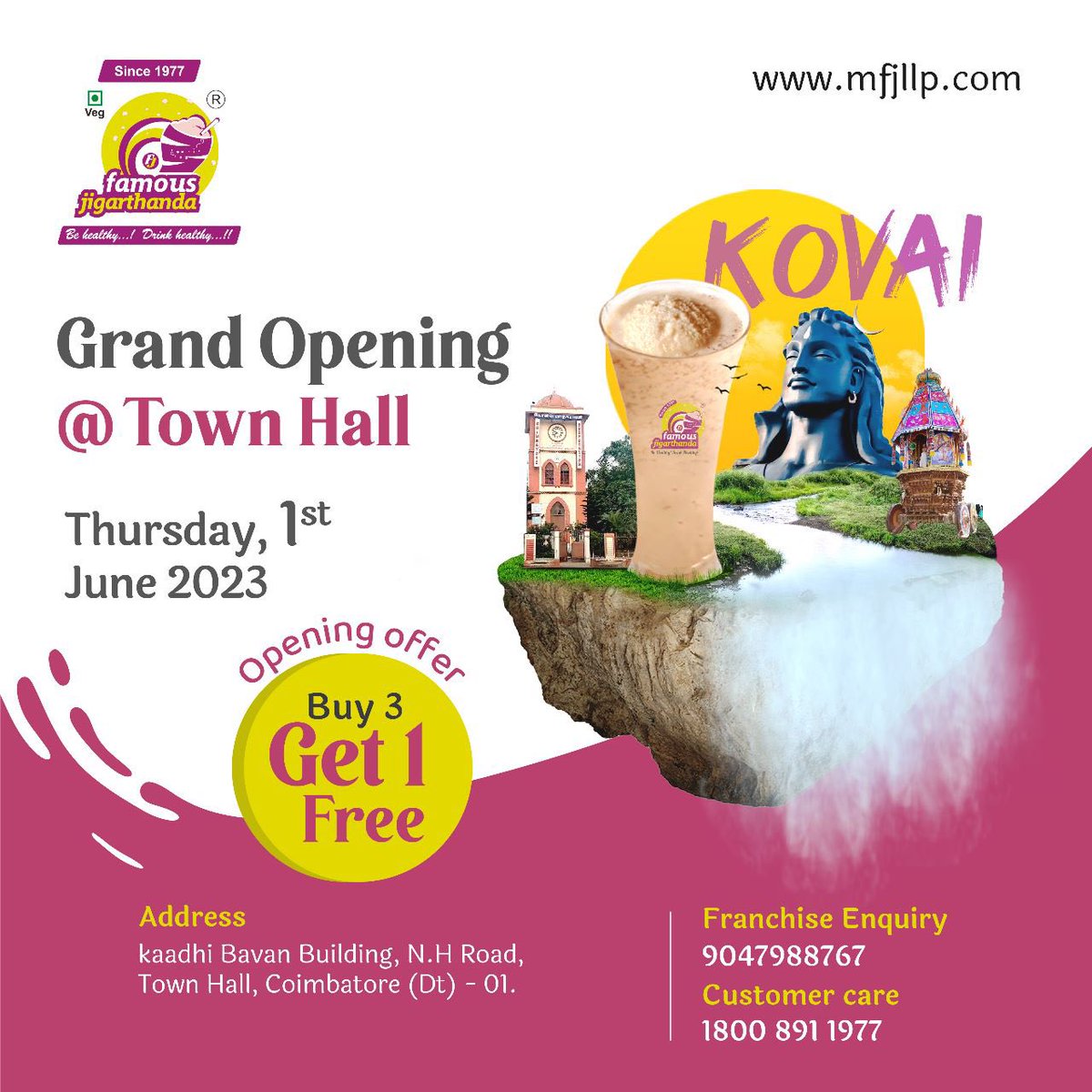 FAMOUSJIGAROFFL's tweet photo. WELCOMES YOU ALL 

#famousjigarthanda #maduraifamousjigarthanda #ilovejigarthanda #townhall #Coimbatore #TamilNadu #openingceremony

FOR BUSINESS ENQUIRY : +9190479-88767

https://t.co/r4cK0g4q9m https://t.co/xqbD3b7NYi
