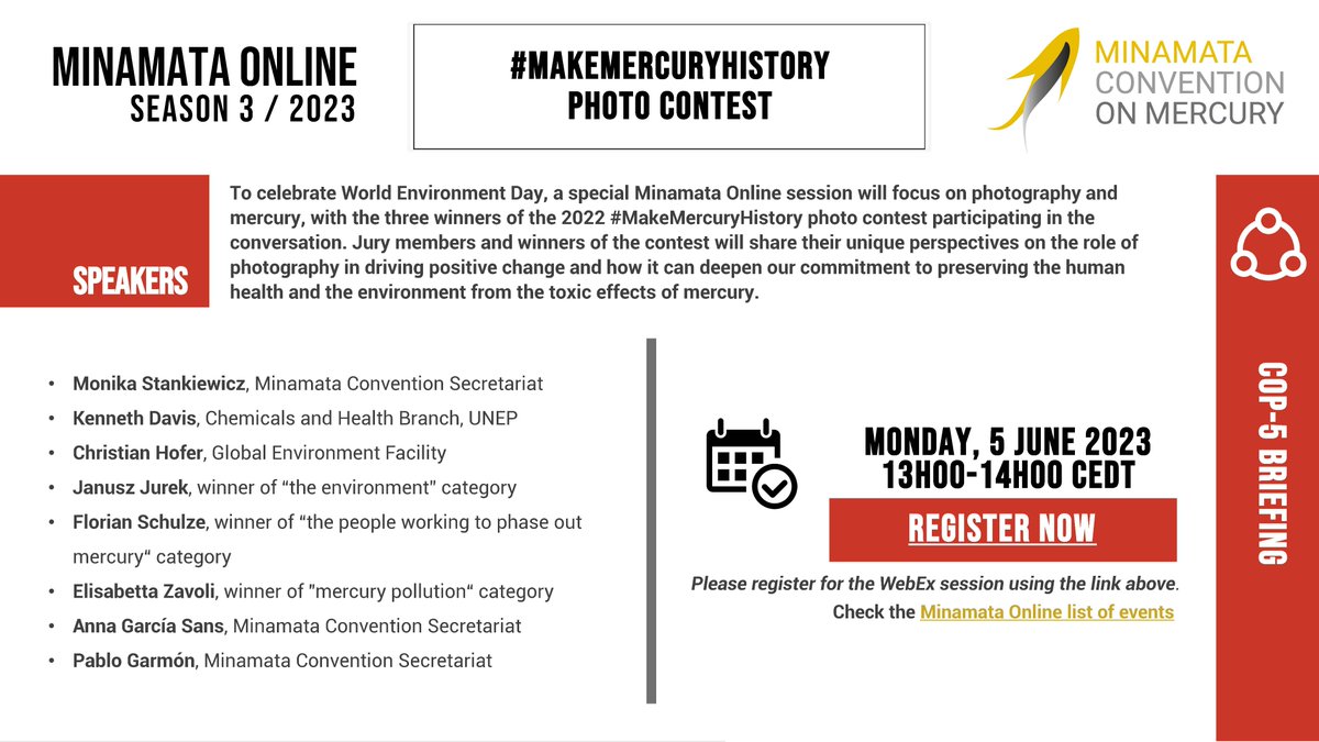 Next week, #MinamataOnline will celebrate ##WorldEnvironmentDay with a session focusing on photography &amp; mercury, with winners &amp; jury members of the 2022 #MakeMercuryHistory photo contest. 

🗓️ Monday 5 June, at 13h00-14h00 CEDT

Learn more &amp; register ➡️ bit.ly/MO230605PC
