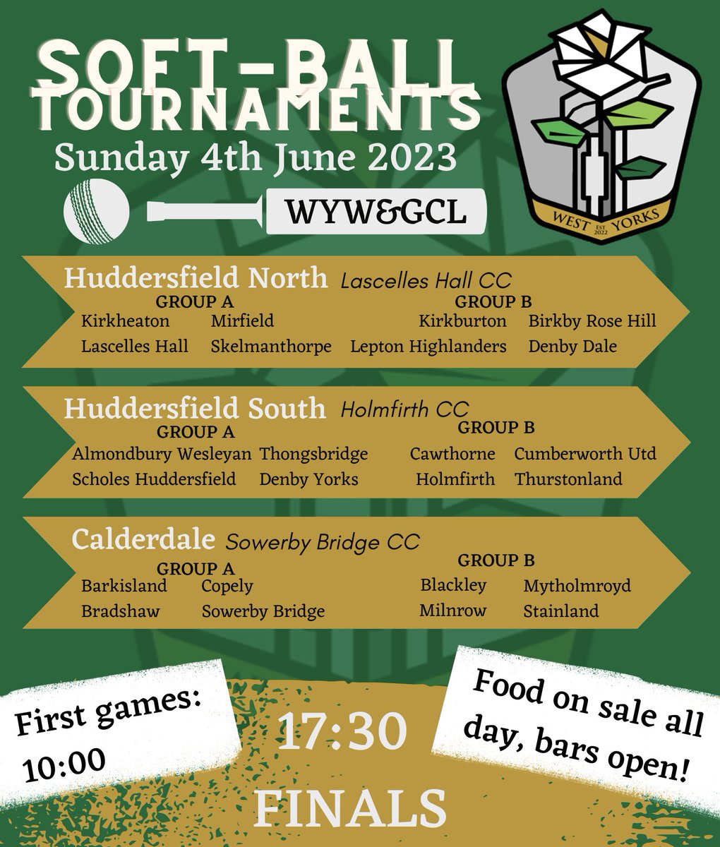 🏆 Our Soft-Ball Tournaments kick off this Sunday! All the information and venues above. Fixtures can be found on the website.

Good luck to all the teams taking part! 👏

#WYWGCL #SoftballCricket #WomensCricket #Yorkshire #Tournament