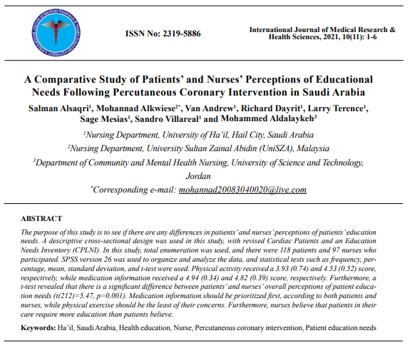 ijmrhs's tweet photo. 📝: A Comparative Study of #Patients’ and #Nurses’ Perceptions of #Educational Needs Following #Percutaneous #Coronary #Intervention in #Saudi Arabia

Authors 💎: Dr. Mohannad Alkwiese
Read more: https://t.co/57BxIBbTQZ https://t.co/P0B4SM3nYi