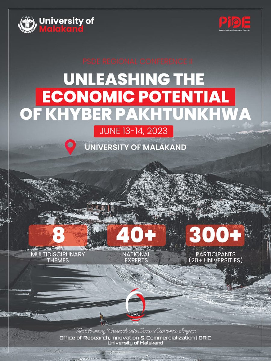 Excited to hear about the upcoming 2-day #Conference organized by @PIDEpk/#PSDE & the @UniversityOfMkd on June 13-14! 🗓️ The event will be held at #UOM, focusing on 'Unleashing The Economic Potential of Khyber Pakhtunkhwa.'  #EconomicPotential #KP #UOM @nadeemhaque @ahmad_pide