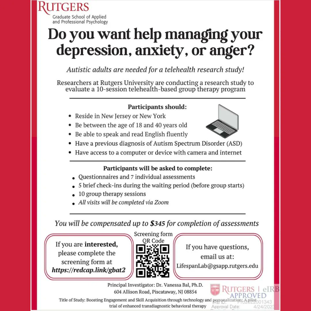 The #LifeSPANLab is recruiting autistic adults who are seeking help managing depression, anxiety, or anger for their telehealth group therapy research study! If interested, please complete the screening survey at buff.ly/42jS7IJ
#GSAPP #ASD #Rutgers #RU #AutismInAdulthood