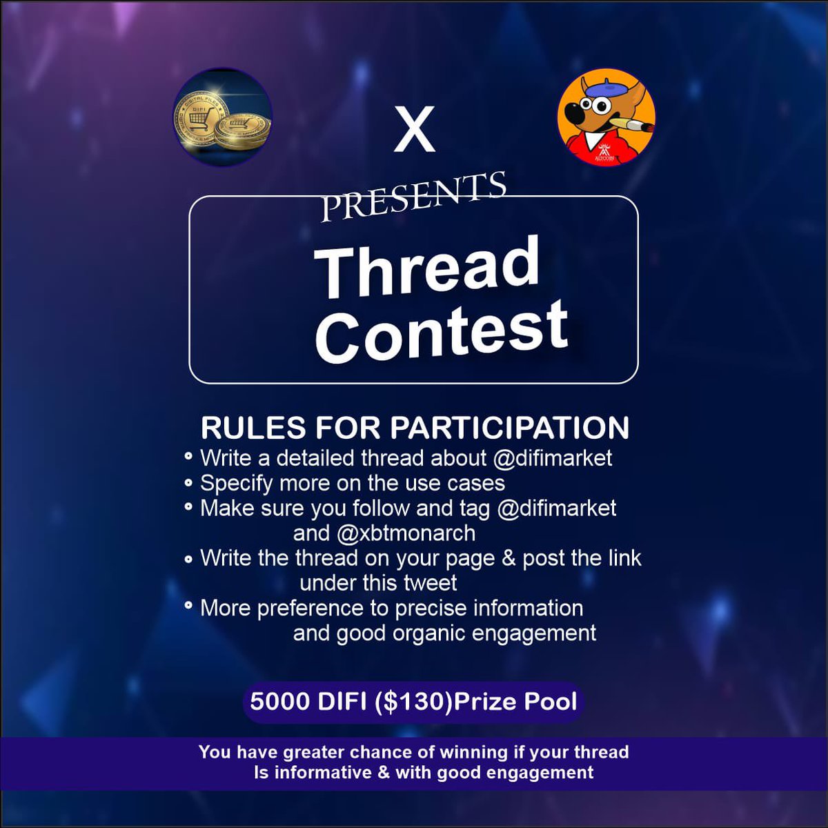 xbtmonarch's tweet photo. THREAD CONTEST 5000DIFI ($130)

Fully Sponsored by @difimarket

How to Enter;
• Follow the instructions in the image below 
• Like and RT this tweet 
• Tag 3 other threadorrs you would like to win 

⏰️ Winners in 48HRS.Let’s go… #threadcontest https://t.co/m6EGelggVi