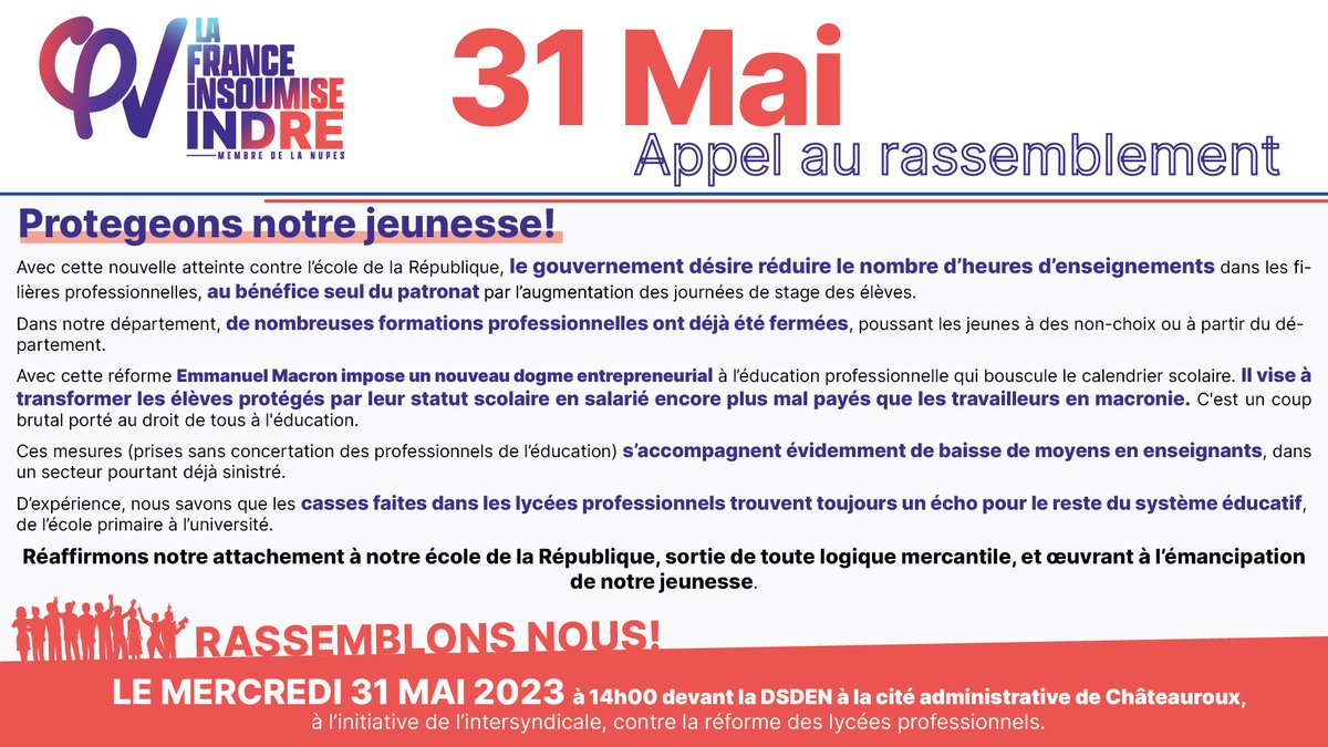 RDV demain 14h à la DSDEN de #Châteauroux pour la défense des #lycéespro #sauvonsLeLP. A l'appel de l'intersyndicale.