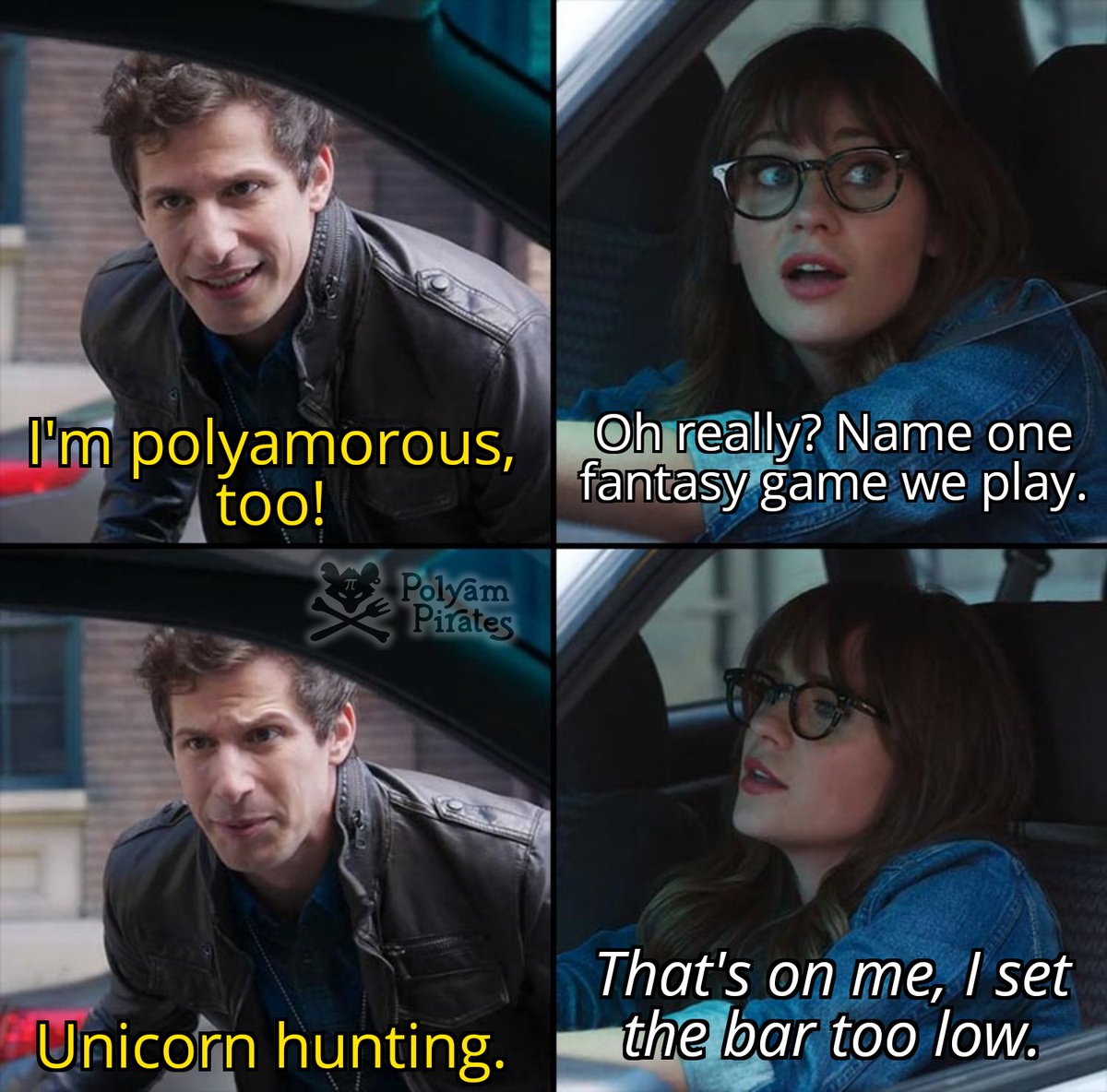 The main purpose of kitchen table polyamory is pen and paper games and you can't convince me otherwise.

#ethicalnonmonogamy #polyamemery #polyamory #memes #polyampirates #polyamorymemes #polyamorousmemes #Brooklyn99 #newgirl #unicornhunting #dontDoIt