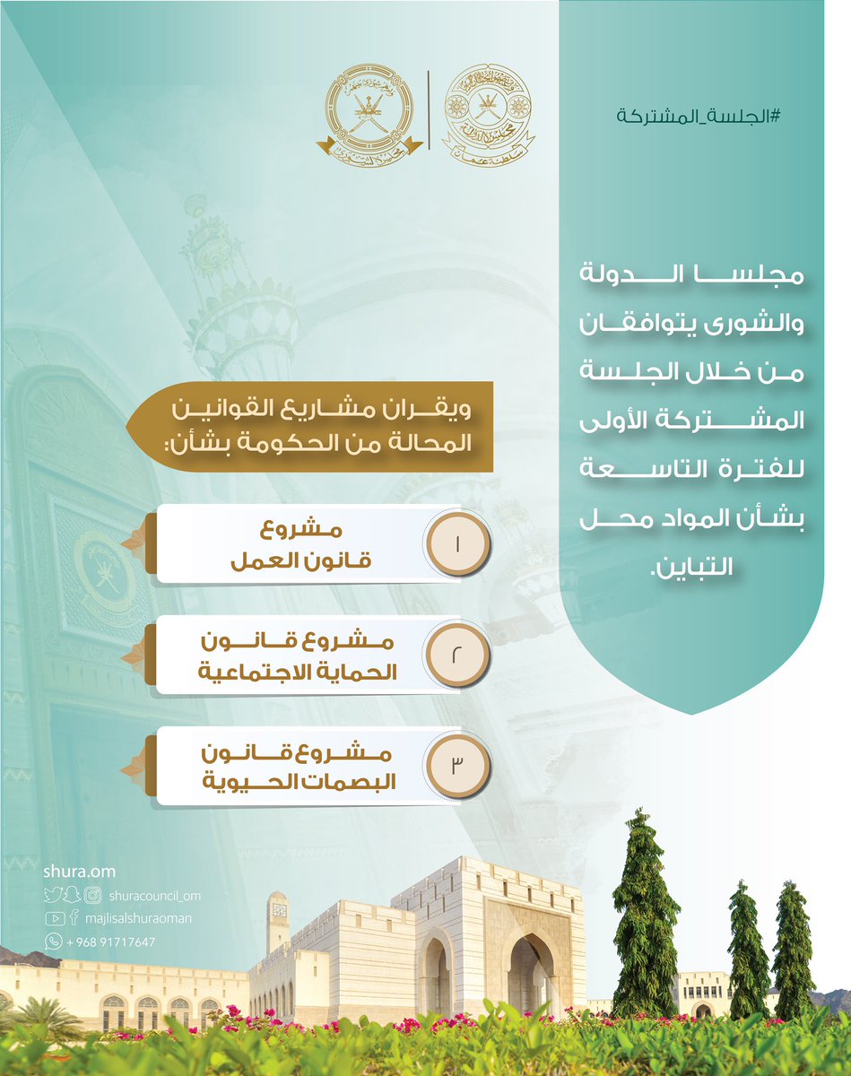 بعد نقاشات مستفيضة وتبادل في الطرح ووجهات النظر لما فيه المصلحة العامة،
💠#الدولة_والشورى يتوافقان من خلال الجلسة المشتركة بشأن المواد محل التباين، ويقران مشاريع القوانين المحالة من الحكومةبشأن:
🔹مشروع #قانون_العمل
🔹مشروع #قانون_الحماية_الاجتماعية
🔹مشروع #قانون_البصمات_الحيوية