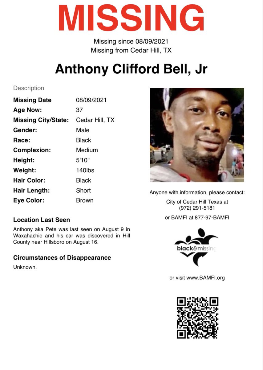 el, baby on Twitter "RT BAM_FI Cedar Hill, TX 37 y/o Anthony Bell Jr was last seen on August
