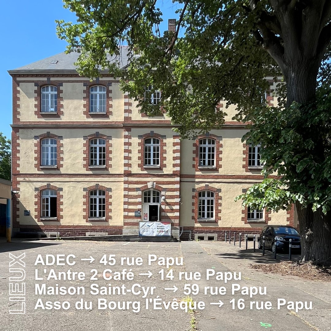 FleursduMail's tweet photo. Quels sont les lieux du festival des #FleursDuMail 9 ? 
Lieux : 
l'Association du Bourg L'Évêque - 16 rue Papu; 
l'ADEC - Maison du théâtre amateurs - 45 rue Papu ; Maison Saint-Cyr - 59 rue Papu;
L'Antre-2 Café - 14 rue Papu. https://t.co/sUcz9gcQmv
