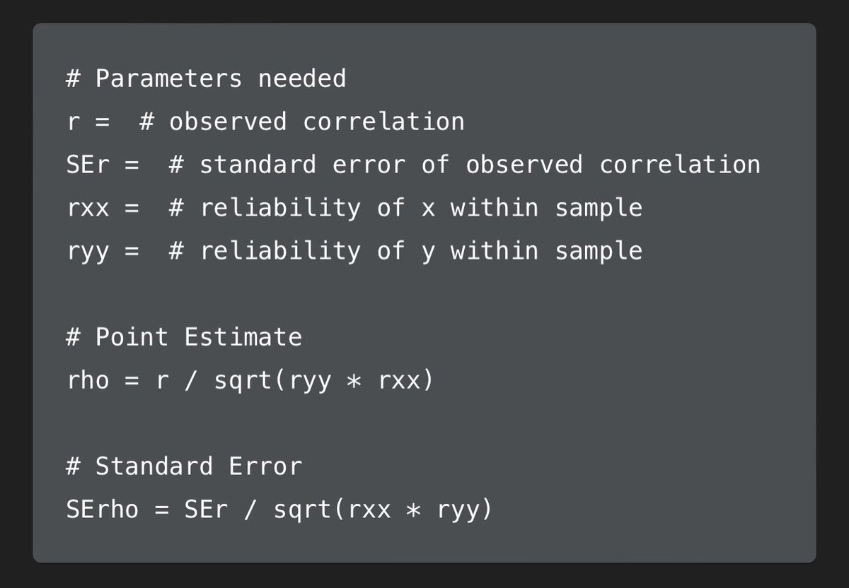 Artifact correction series #3: Correlations between continuous variables with measurement error

Measurement error describes deviations between observed scores and true scores. When measurement error is present, this will bias the correlation toward zero.