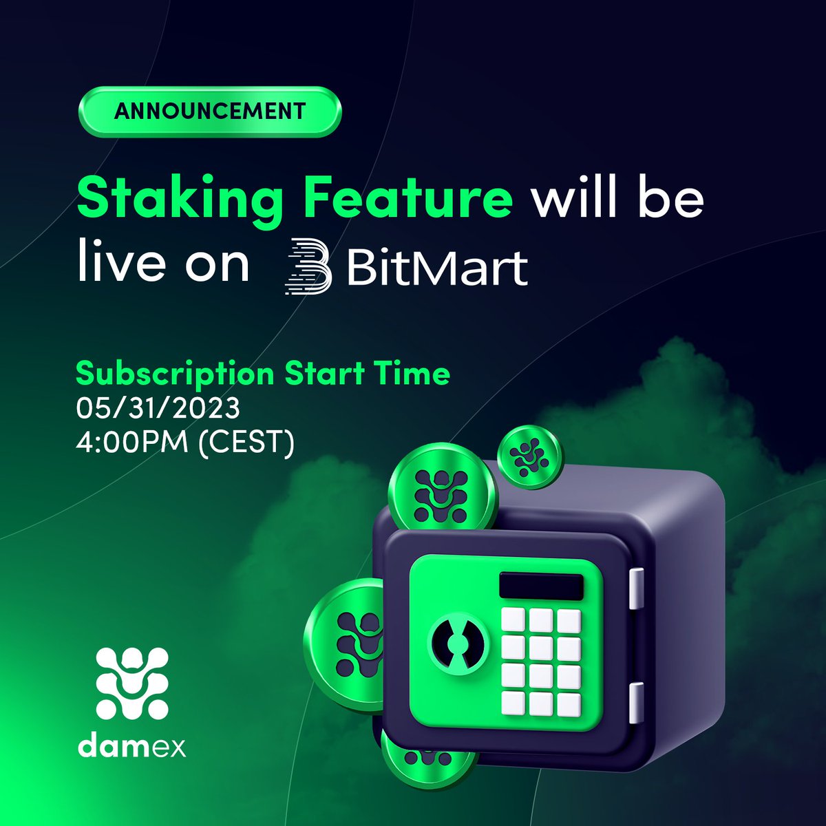 🔥 Get ready for some gains! 🚀
<a href="/BitMartExchange/">BitMart</a> Earn is offering a limited-time flash sale for Fixed Savings product on $DAMEX
💎7-Day / 30-Day
💎Up to 90% APY
🚀EARN: bitmart.com/earn/en 
👉Details: support.bitmart.com/hc/en-us/artic…
Subscription starts on 05/31/2023 at 4:00 PM CEST