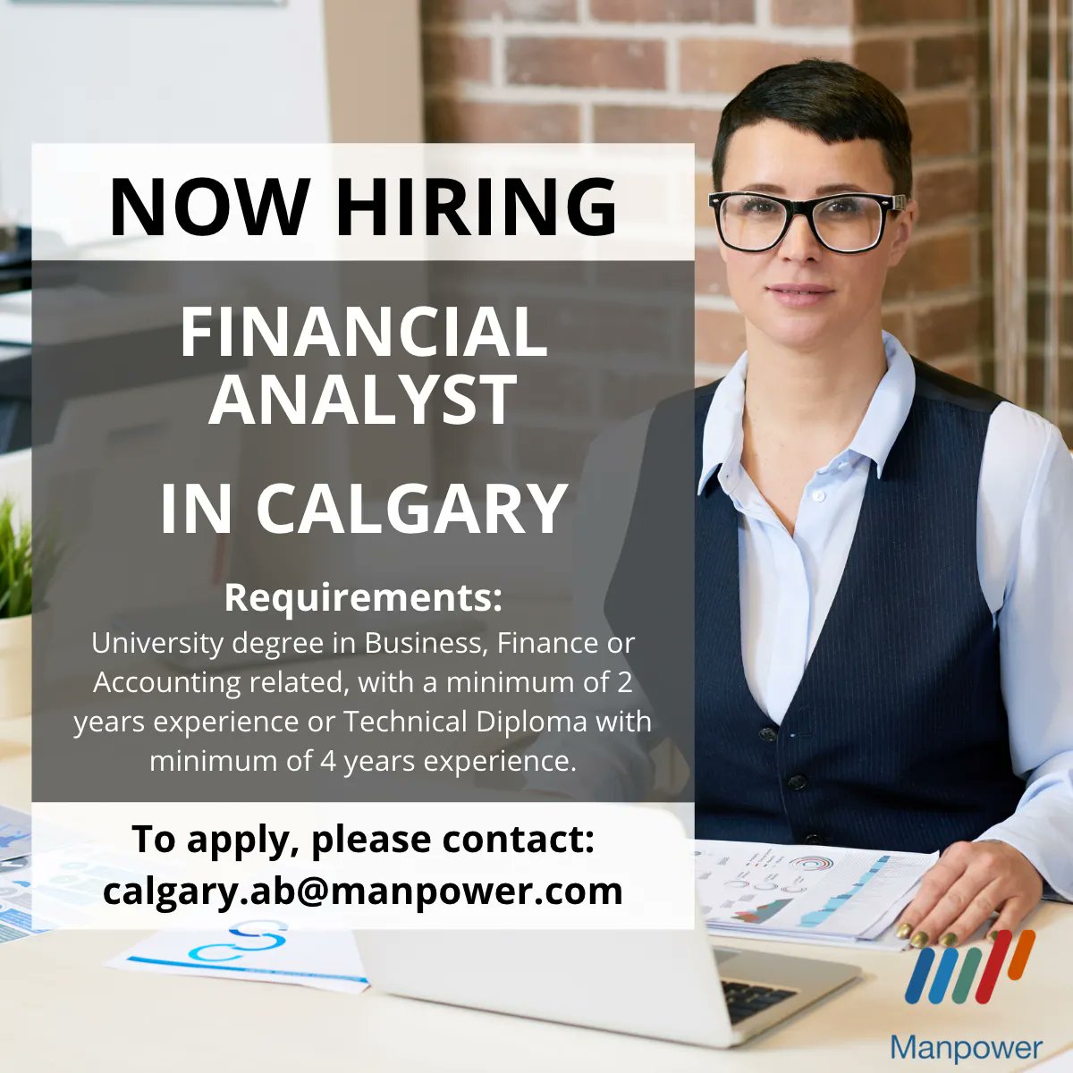 #NOWHIRING: #FinancialAnalyst in #Calgary, #Alberta

To apply, please forward your resume to calgary.ab@manpower.com or apply directly at buff.ly/3N3OwKL 

#manpowerab #albertajobs #canadajobs #canadajobsearch #canada #yycjobs #calgaryjobs #manpowerjobs #yyc