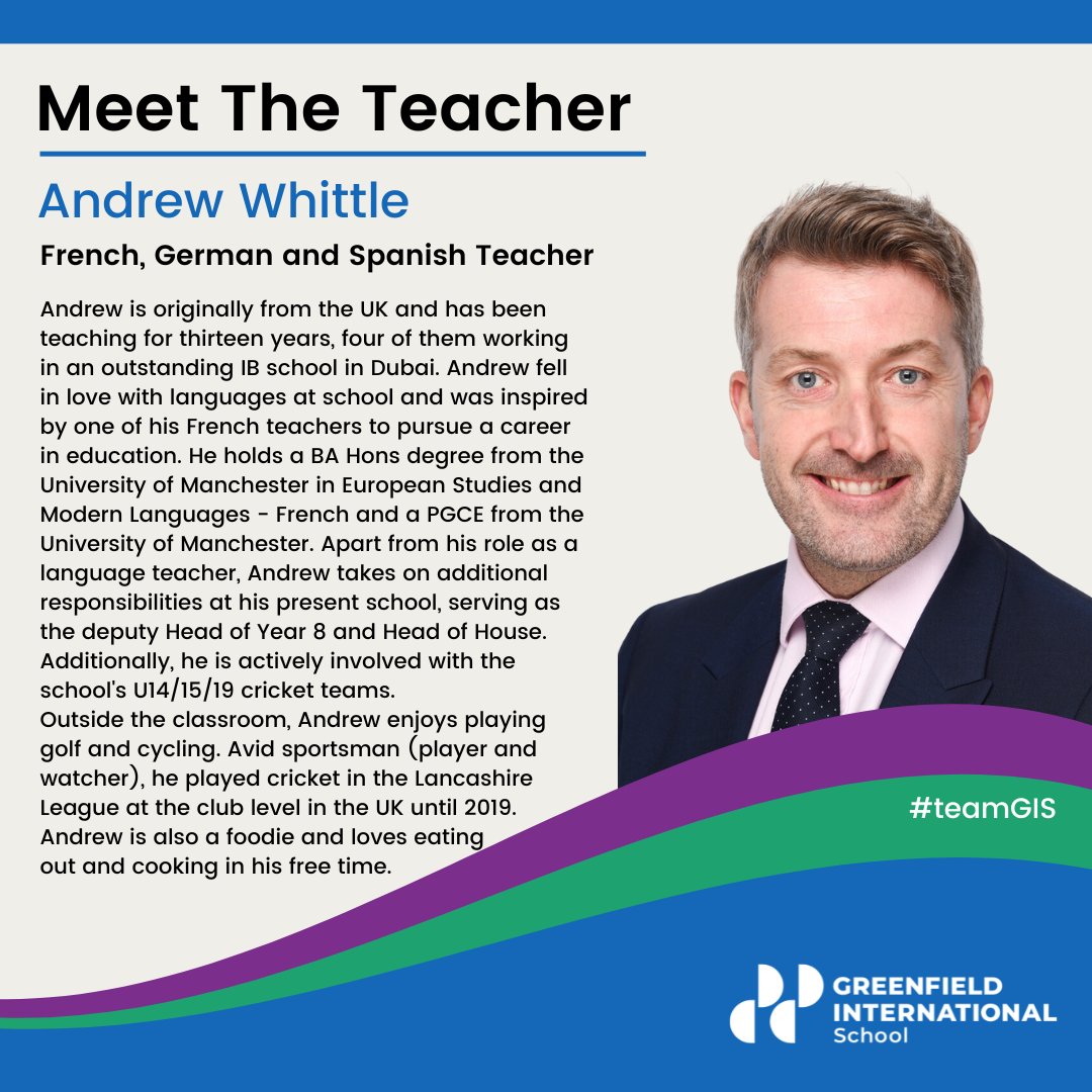 GreenfieldIntS's tweet photo. Welcome to #teamGIS, Mr Andrew Whittle, who will be joining our MFL department in August 2023.
#IBSchools #DubaiSchools #behappybeGIS #ProudlyTaaleem #InspiringYoungMinds #AllForTheLoveOfLearning #ChallengingEveryMind
@Taaleem https://t.co/nVN6a14CdQ