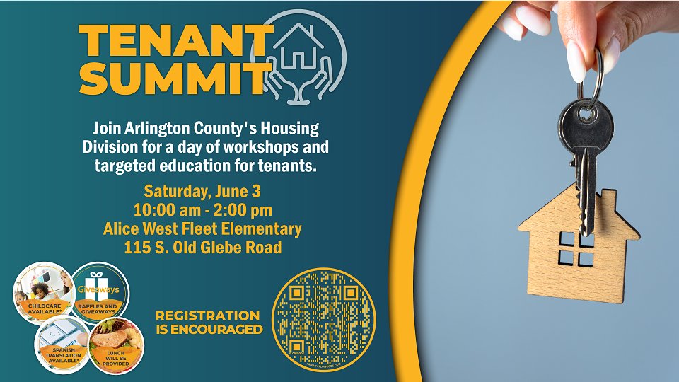 Arlington County's Housing Division will host the Tenant Summit on June 3 to provide workshops and education to empower participants in addressing housing issues. Register to attend by tomorrow, May 31: us.openforms.com/Form/f9209c9a-…