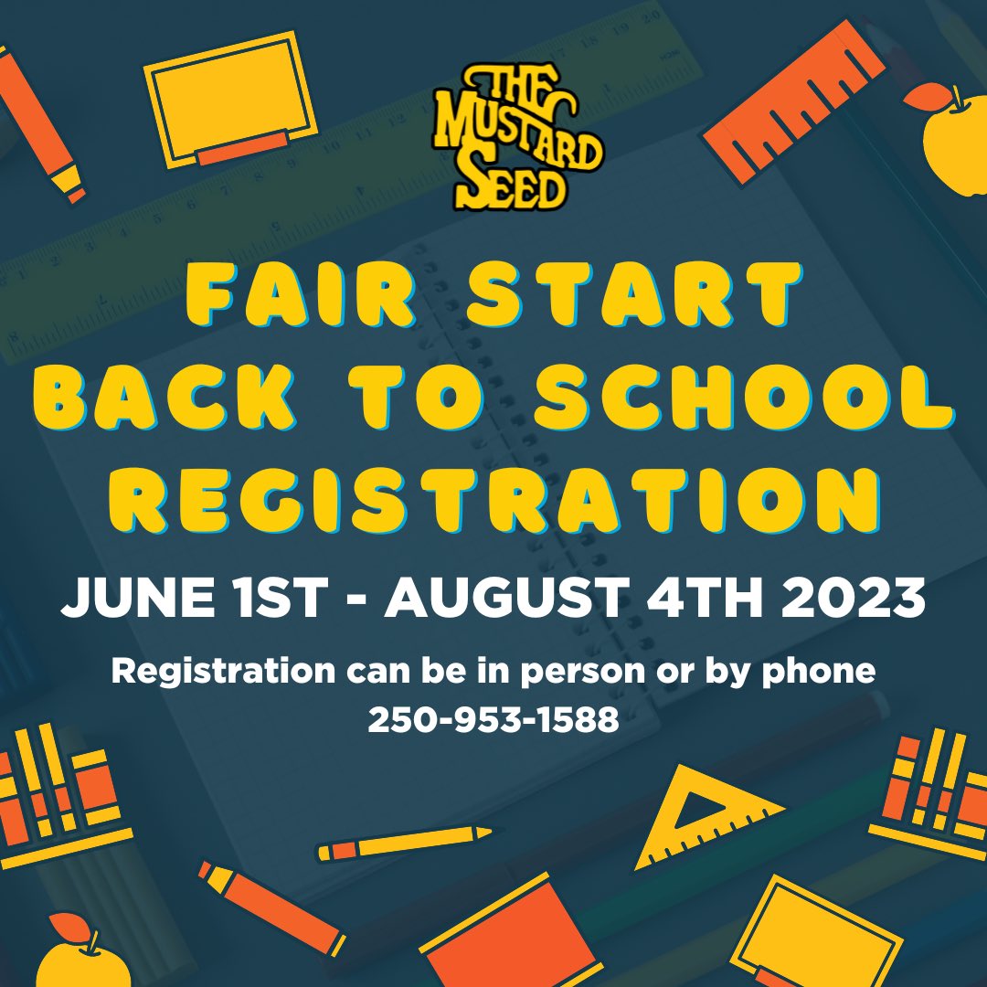 It’s back! Our Fairstart Back to School Program will be happening again this year! 

Registration will be from June 1st-August 4th or until we are at capacity. ID for guardian and all children will be required for pick up. 

Please register in person or by phone (250-953-1588)