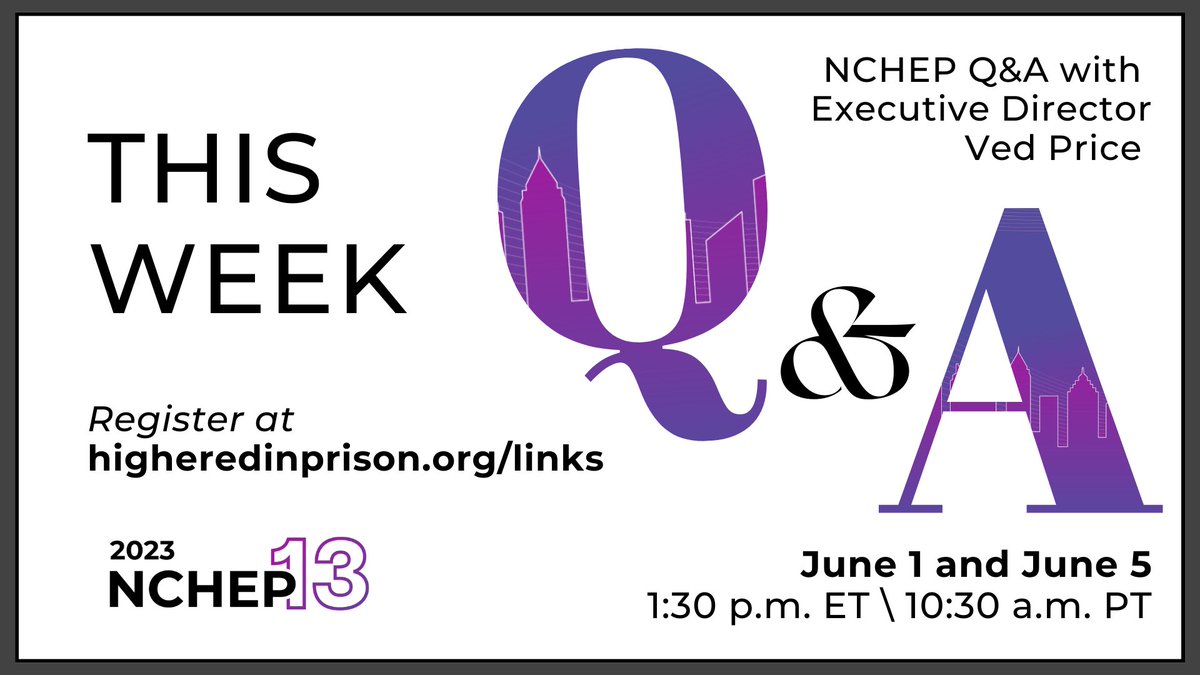 New to the #higheredinprison community and want to learn about the national conference? Or are you a seasoned #NCHEP attendee ready to share some wisdom? 

Join us for open conversations on 6/01 and 6/05! All are welcome. 

Register at higheredinprison.org/links