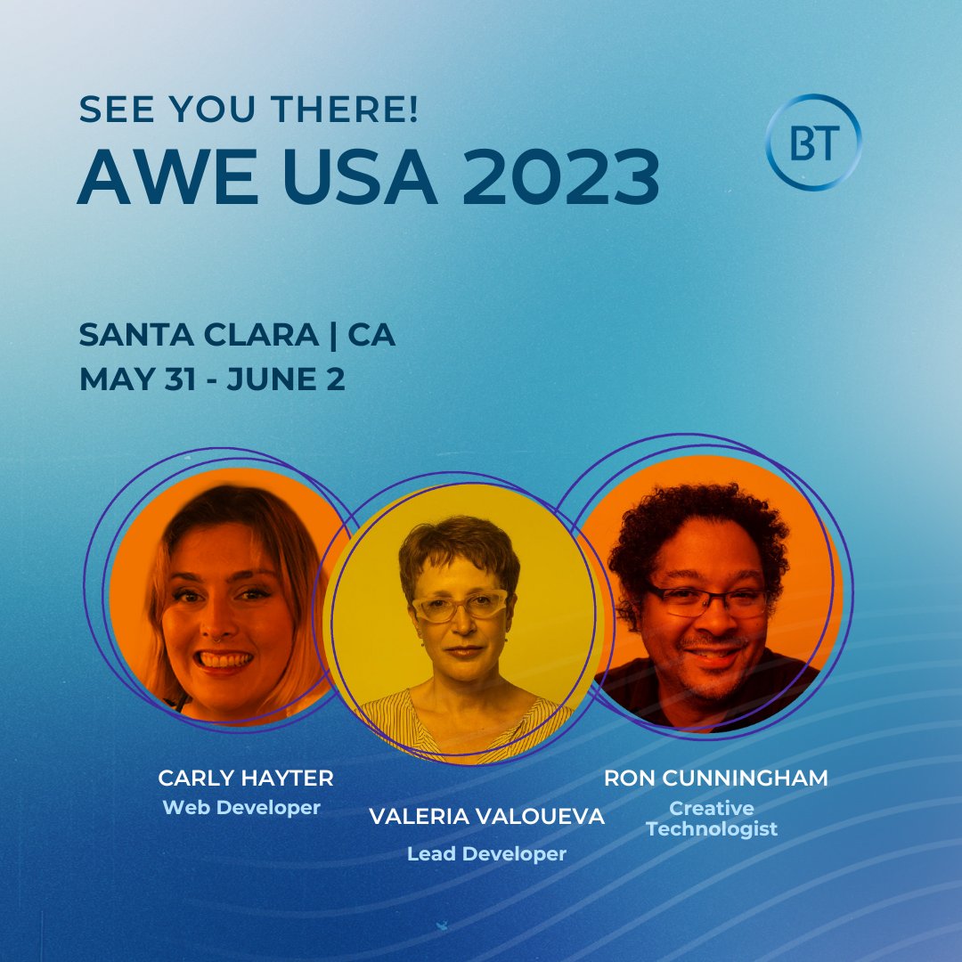 We're heading to  #AWE2023 

Carly, Valeria and Ron - BT's tech super team - are en route to <a href="/ARealityEvent/">AWE</a>'s annual conference in Santa Clara to check out the latest in AR/VR experiences and connect with XR professionals from around the world. 

Will we see you there? 💙🔭